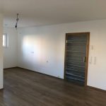 großer Wohnraum mit Parkettboden und ausgefallener Tür